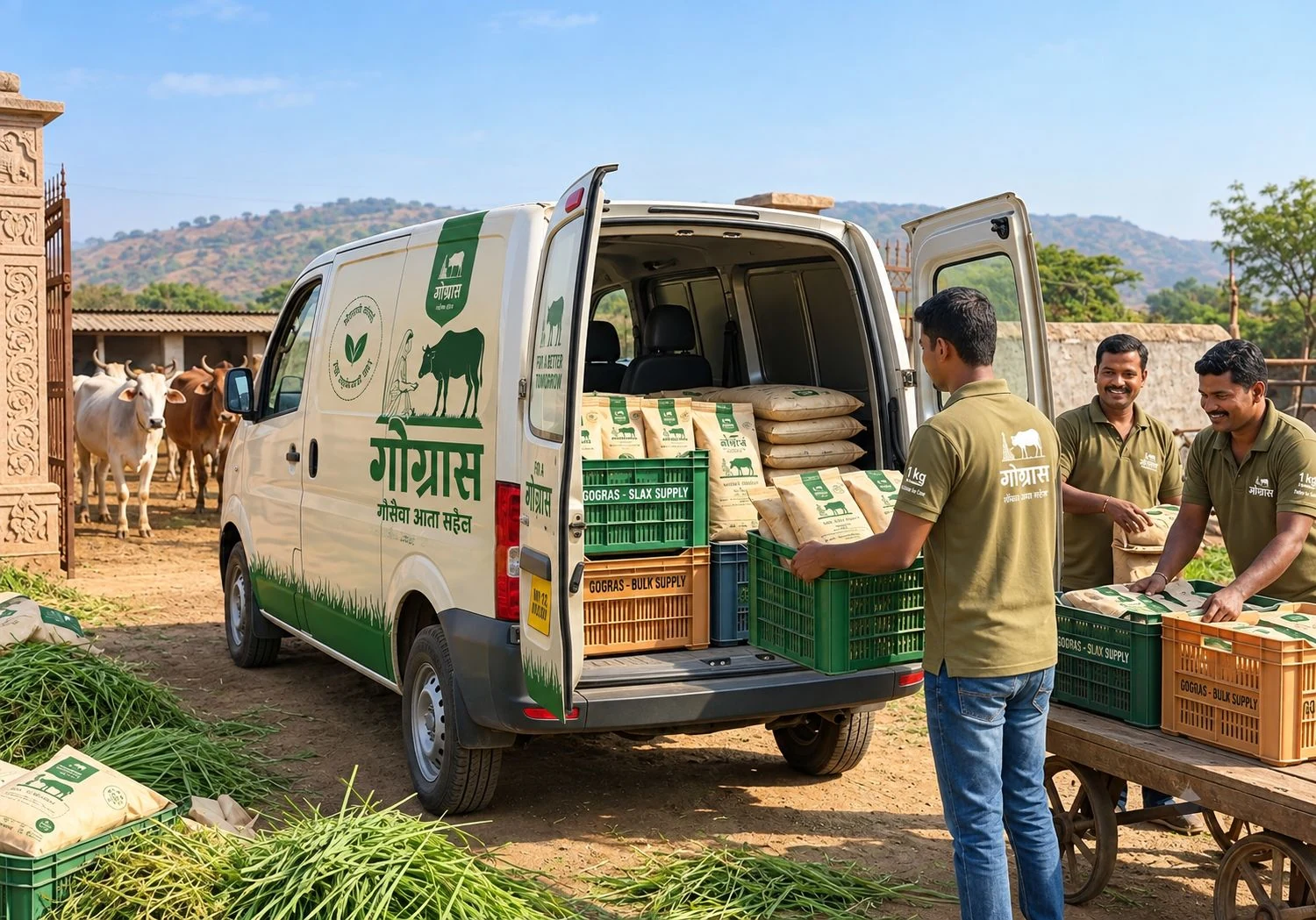 A delivery van at a Gaushala gate, with the team unloading crates of 1 kg fodder packs while cows wait in the yard