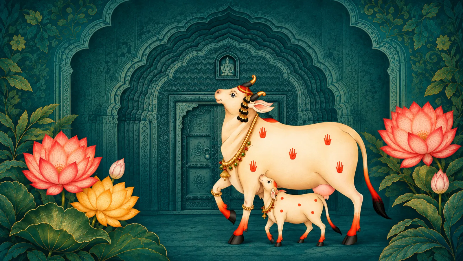Gau Mata and calf among lotus flowers in a temple setting